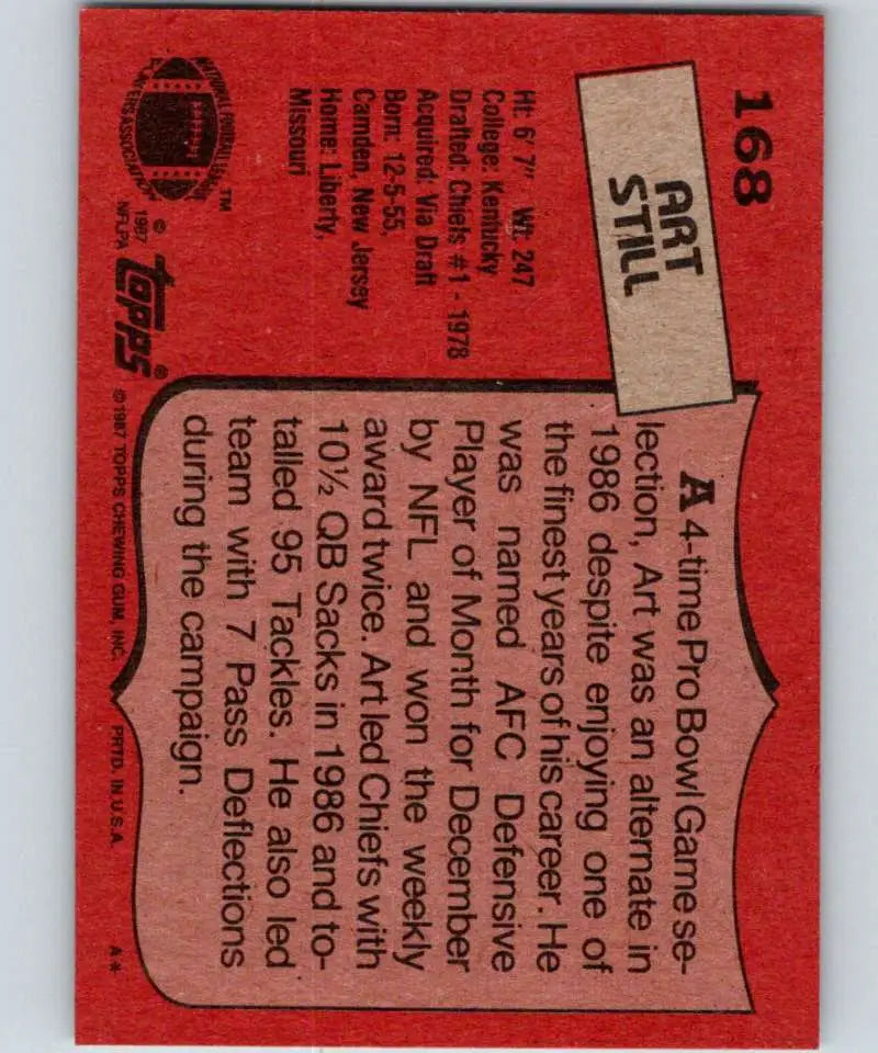 1987 Topps #168 Art Still EX Excellent Kansas City Chiefs Football Card - Football Card Single