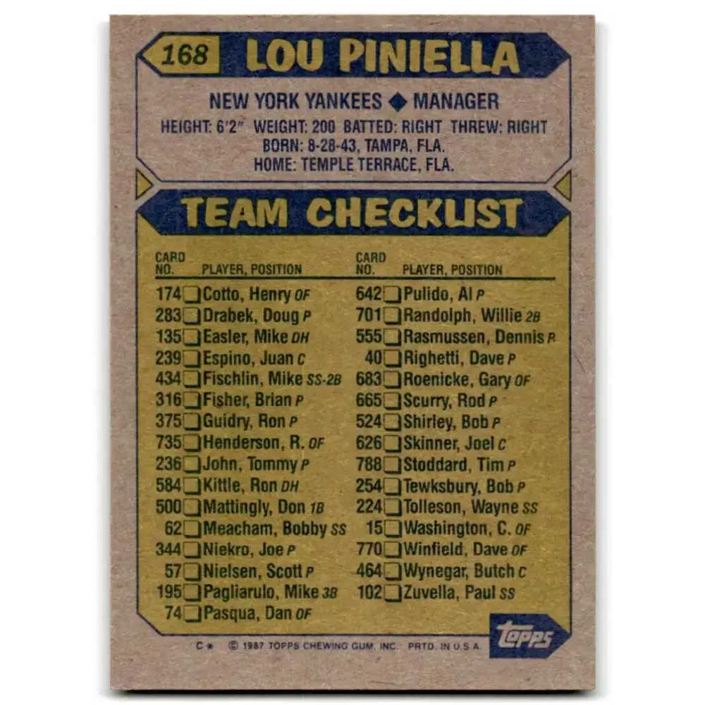 1987 Topps #168 Lou Piniella EX Excellent New York Yankees Baseball Card - Baseball Card Single