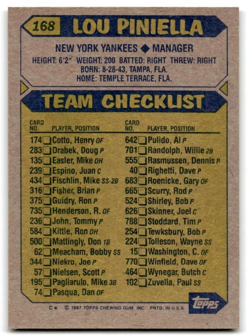 1987 Topps #168 Lou Piniella EX Excellent New York Yankees Baseball Card - Baseball Card Single
