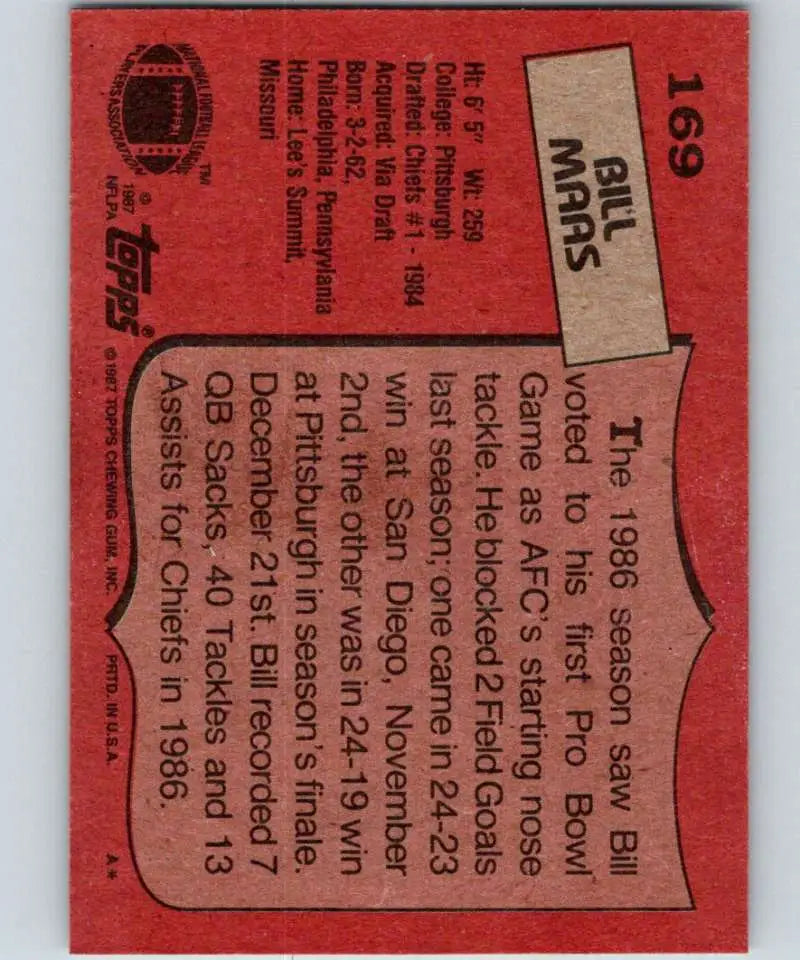 1987 Topps #169 Bill Maas EX Excellent Kansas City Chiefs Football Card - Football Card Single