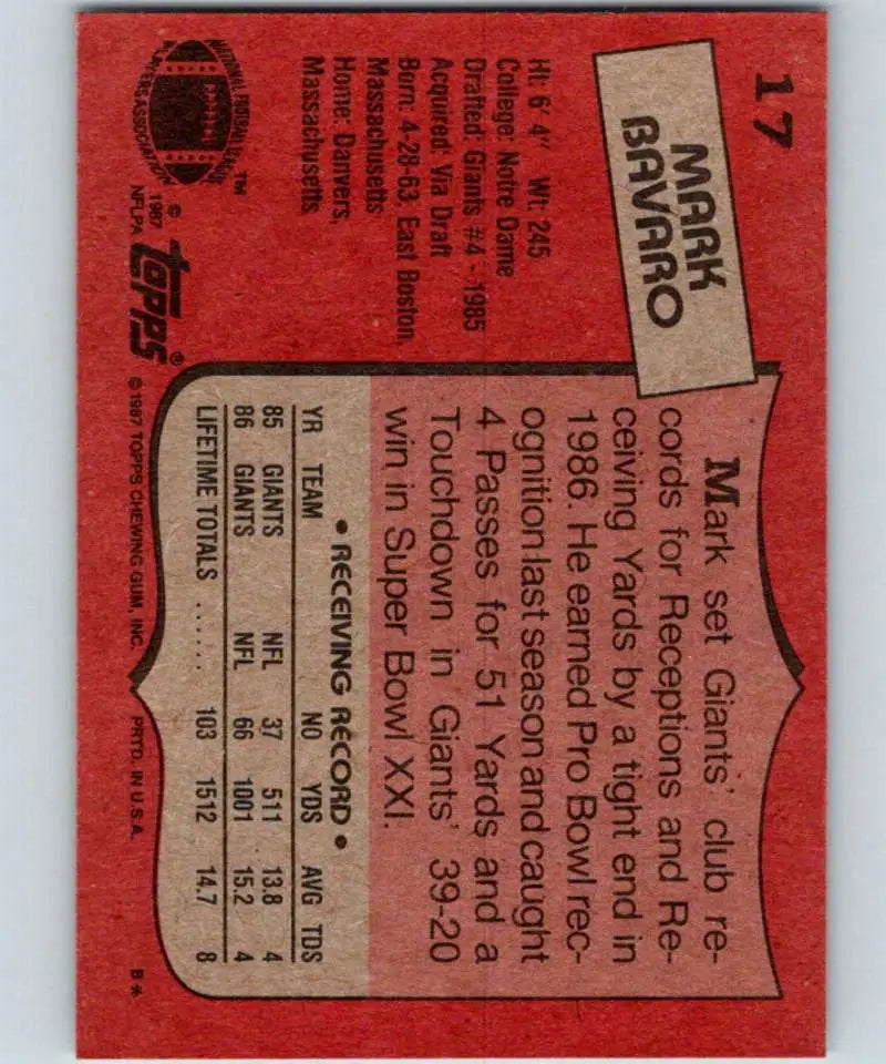 1987 Topps #17 Mark Bavaro EX Excellent New York Giants Football Card - Football Card Single