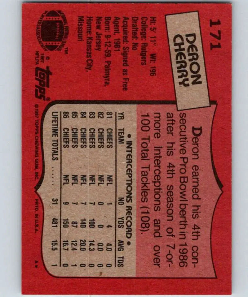 1987 Topps #171 Deron Cherry EX Excellent Kansas City Chiefs Football Card - Football Card Single