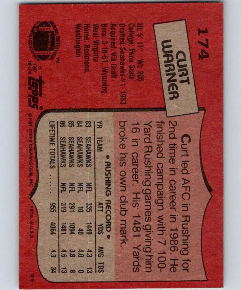 1987 Topps #174 Curt Warner EX Excellent Seattle Seahawks Football Card - Football Card Single