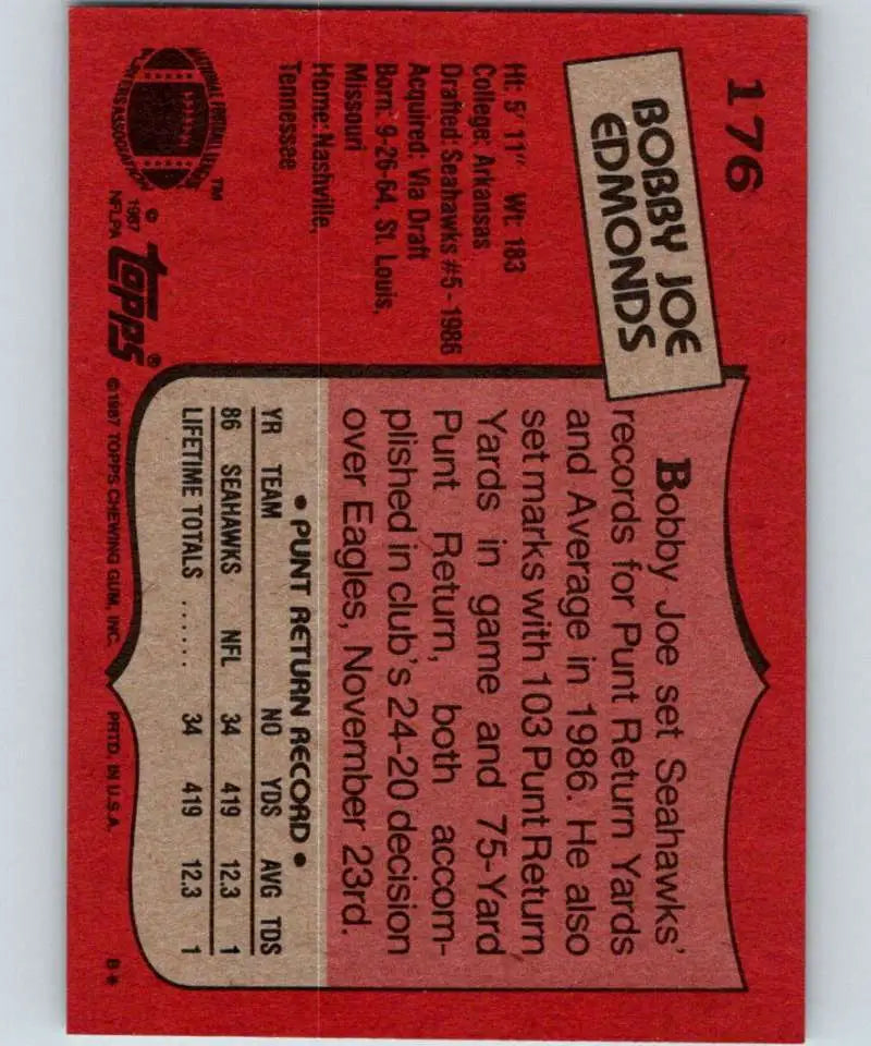 1987 Topps #176 Bobby Joe Edmonds EX Excellent RC Rookie Seattle Seahawks Football Card - Football Card Single