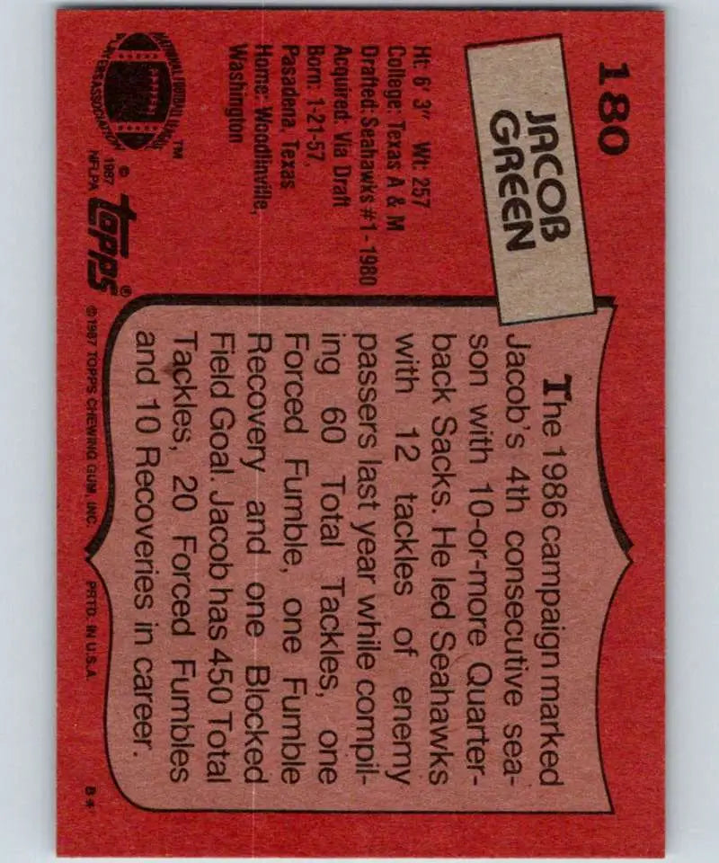 1987 Topps #180 Jacob Green EX Excellent Seattle Seahawks Football Card - Football Card Single