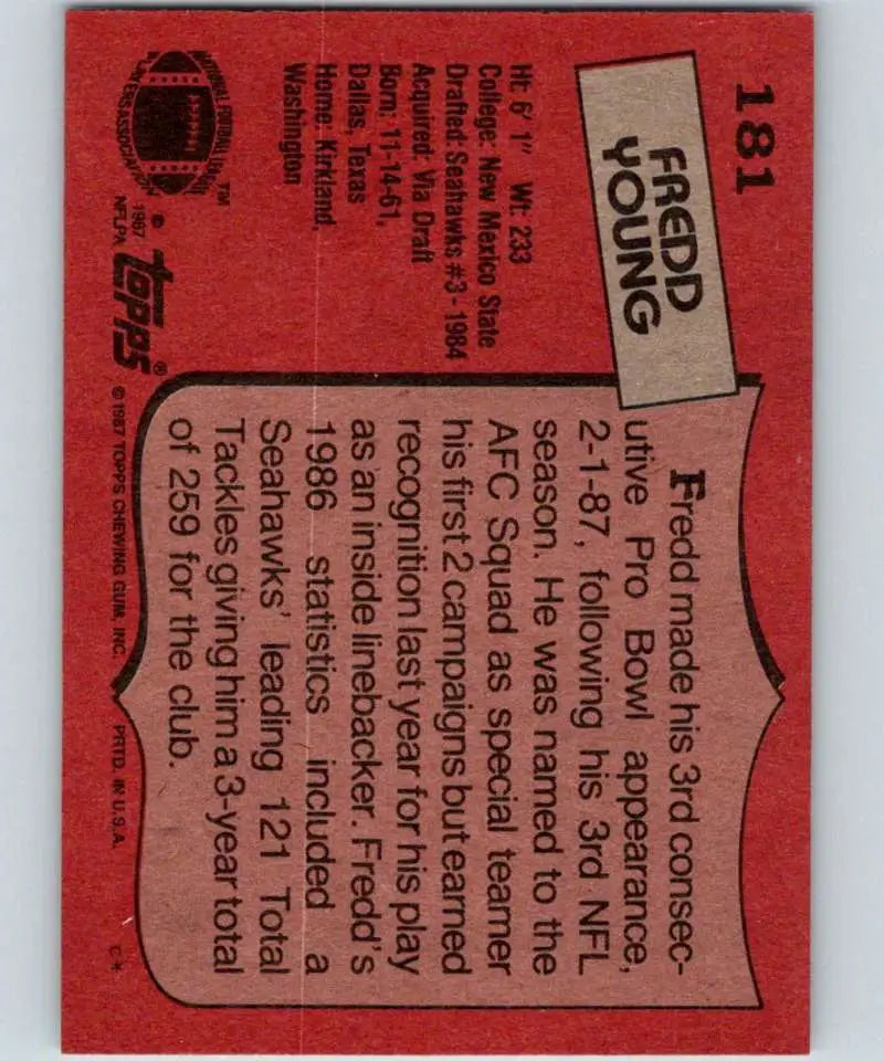 1987 Topps #181 Fredd Young EX Excellent Seattle Seahawks Football Card - Football Card Single