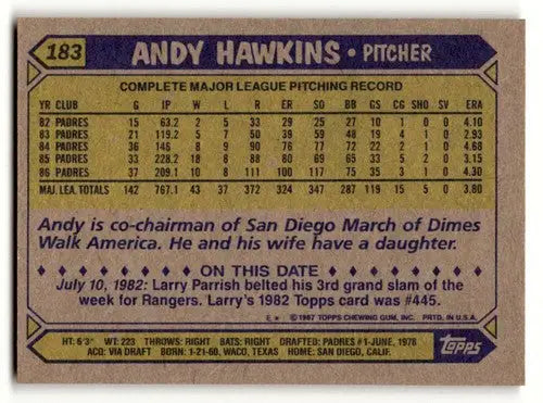 Andy Hawkins San Diego Padres baseball card from 1987 Topps #183, EX/NM condition