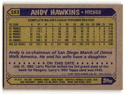 Andy Hawkins San Diego Padres baseball card from 1987 Topps #183, EX/NM condition
