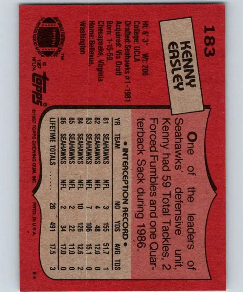 1987 Topps #183 Kenny Easley EX Excellent Seattle Seahawks Football Card - Football Card Single