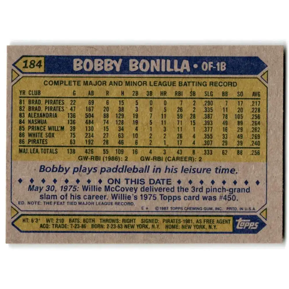 1987 Topps #184 Bobby Bonilla EX Excellent RC Rookie Pittsburgh Pirates Baseball Card - Baseball Card Single