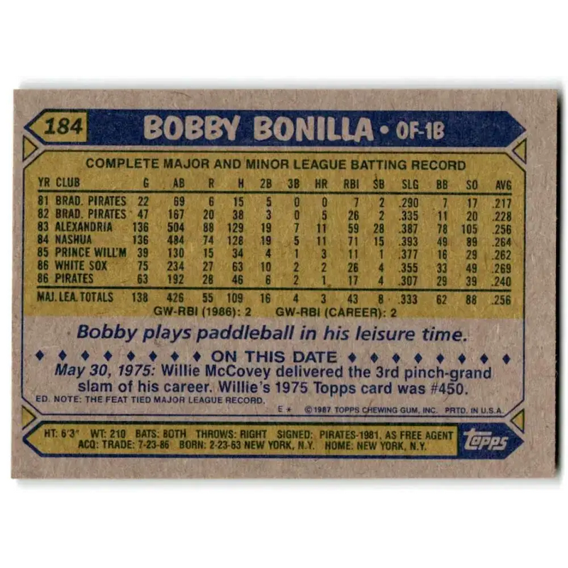 1987 Topps #184 Bobby Bonilla EX Excellent RC Rookie Pittsburgh Pirates Baseball Card - Baseball Card Single