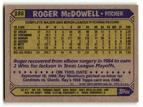 Roger McDowell Mets baseball card with original gloss from 1987 Topps #185