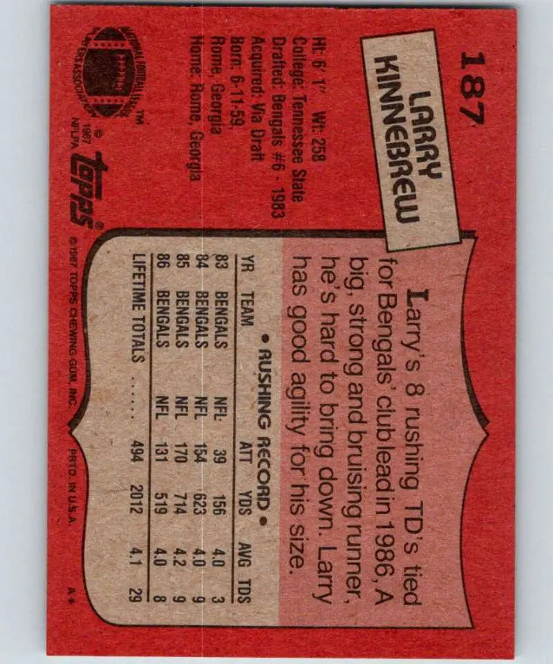1987 Topps #187 Larry Kinnebrew EX Excellent Cincinnati Bengals Football Card - Football Card Single