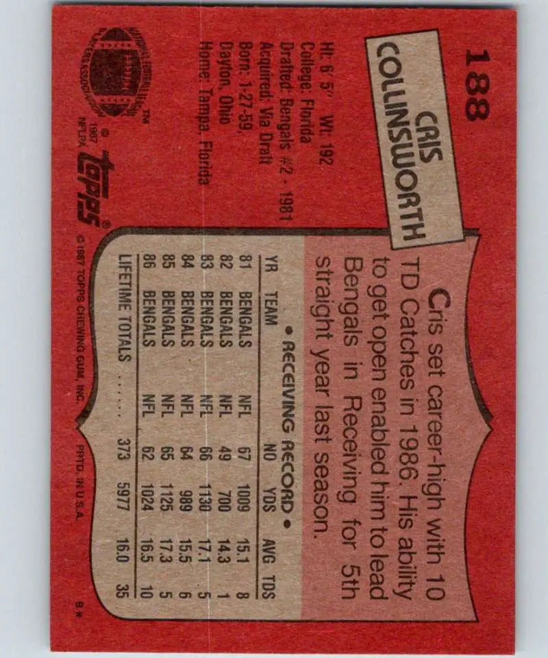 1987 Topps #188 Cris Collinsworth EX Excellent Cincinnati Bengals Football Card - Football Card Single