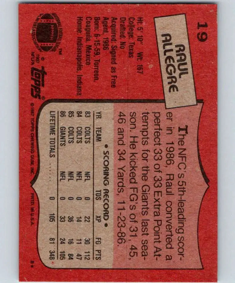 1987 Topps #19 Raul Allegre EX Excellent New York Giants Football Card - Football Card Single