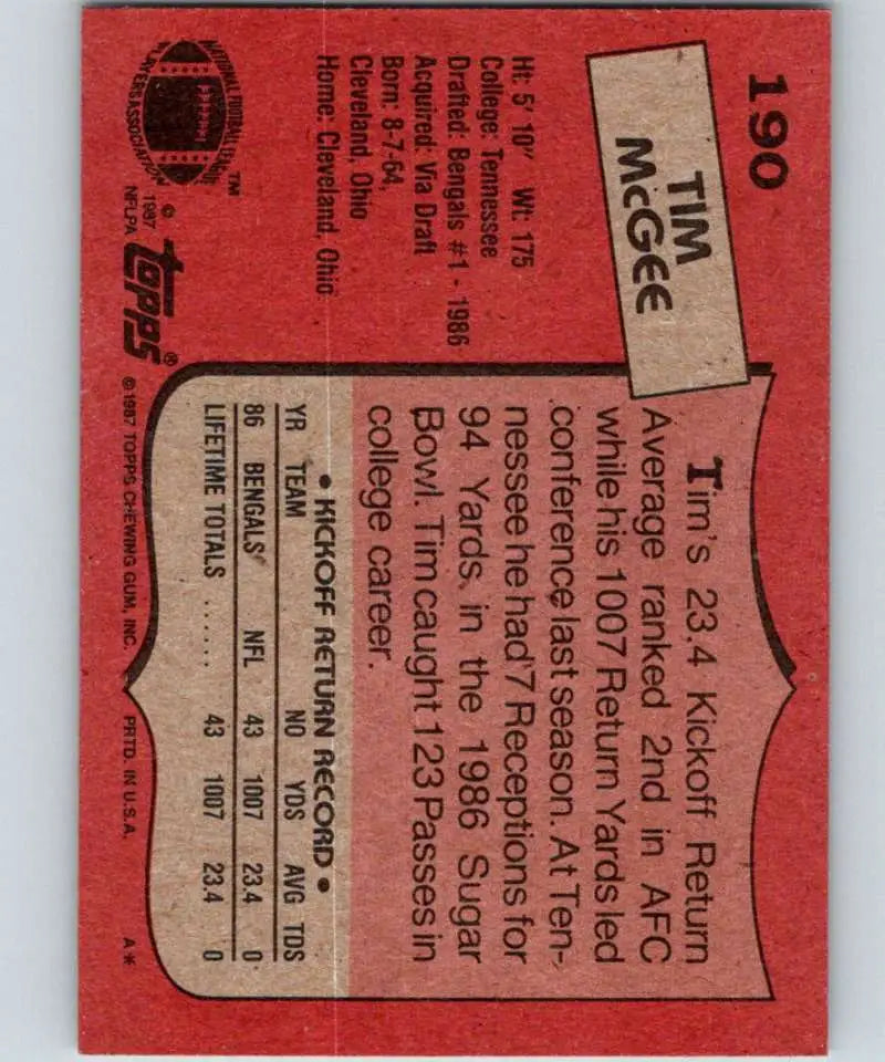 1987 Topps #190 Tim McGee EX Excellent RC Rookie Cincinnati Bengals Football Card - Football Card Single