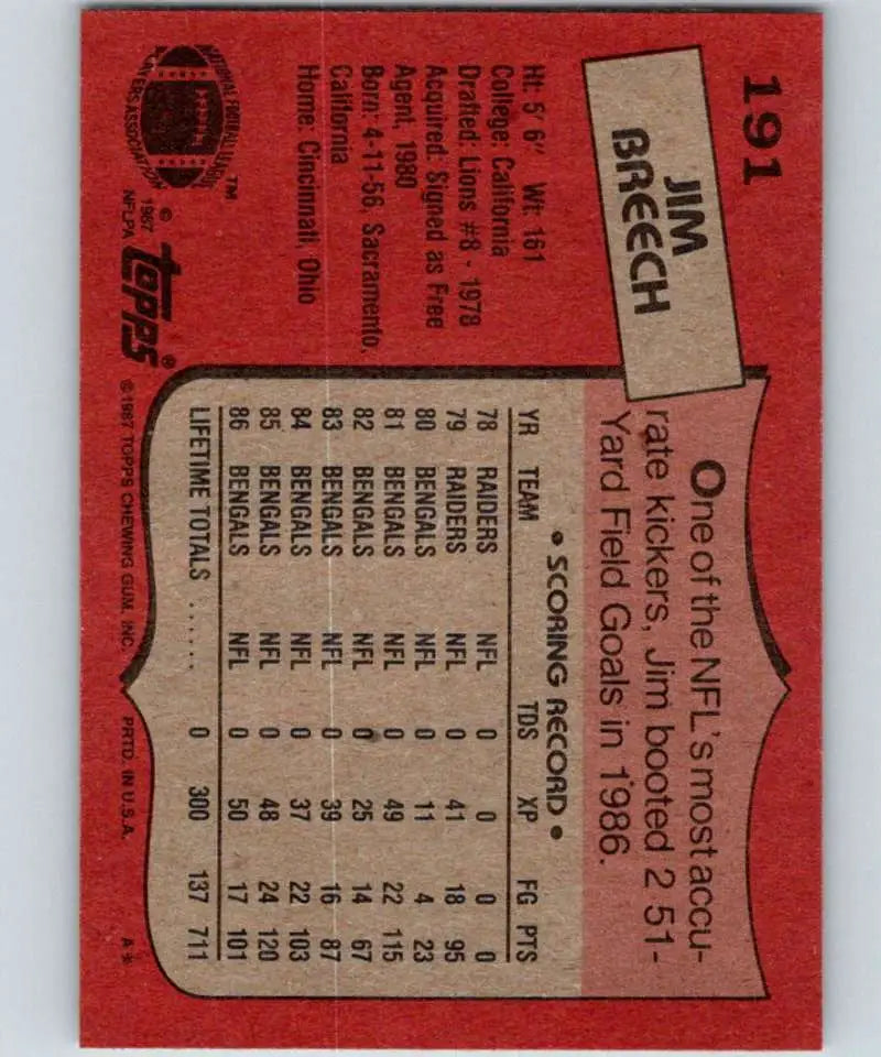 1987 Topps #191 Jim Breech EX Excellent Cincinnati Bengals Football Card - Football Card Single