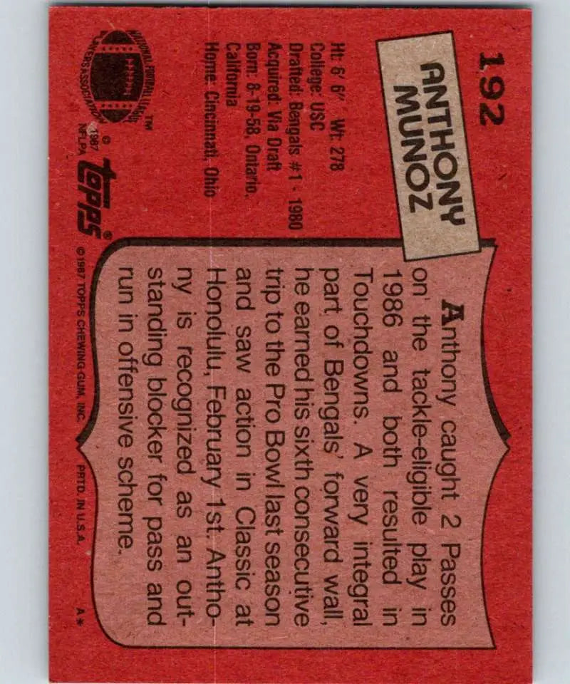1987 Topps #192 Anthony Munoz EX Excellent Cincinnati Bengals Football Card - Football Card Single