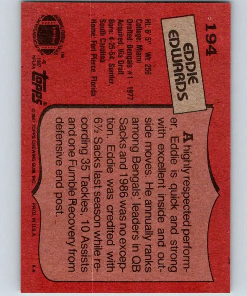 1987 Topps #194 Eddie Edwards EX Excellent Cincinnati Bengals Football Card - Football Card Single