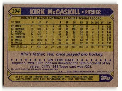 Original gloss Kirk McCaskill California Angels baseball card 1987 Topps #194