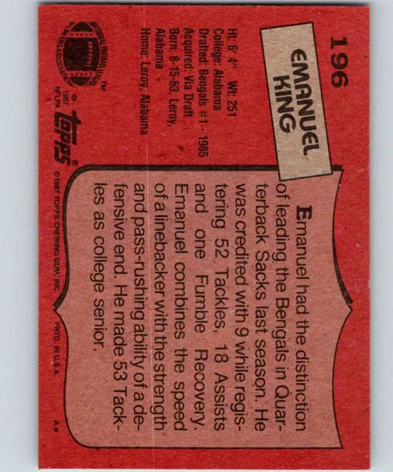 1987 Topps #196 Emanuel King EX Excellent Cincinnati Bengals Football Card - Football Card Single