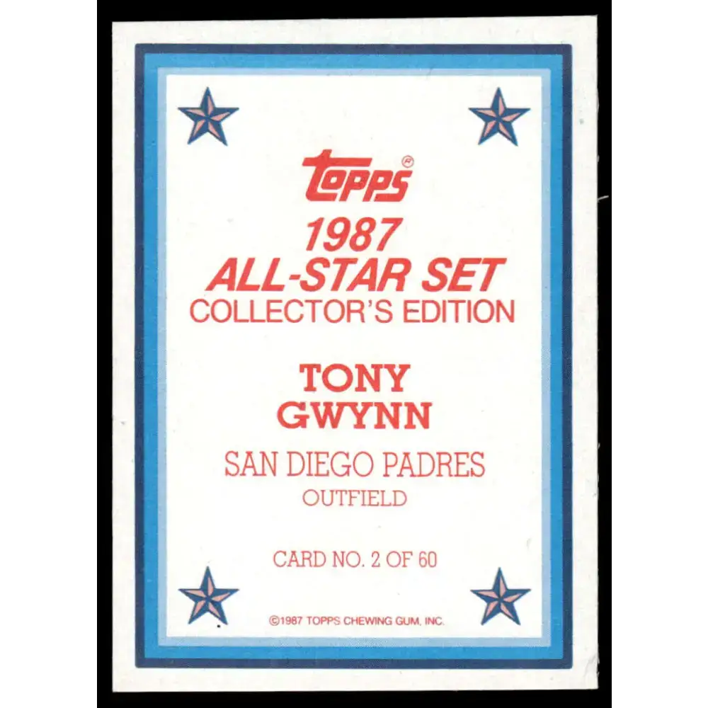 1987 Topps #2 Tony Gwynn NM/MT San Diego Padres Baseball Card - Baseball Card Single