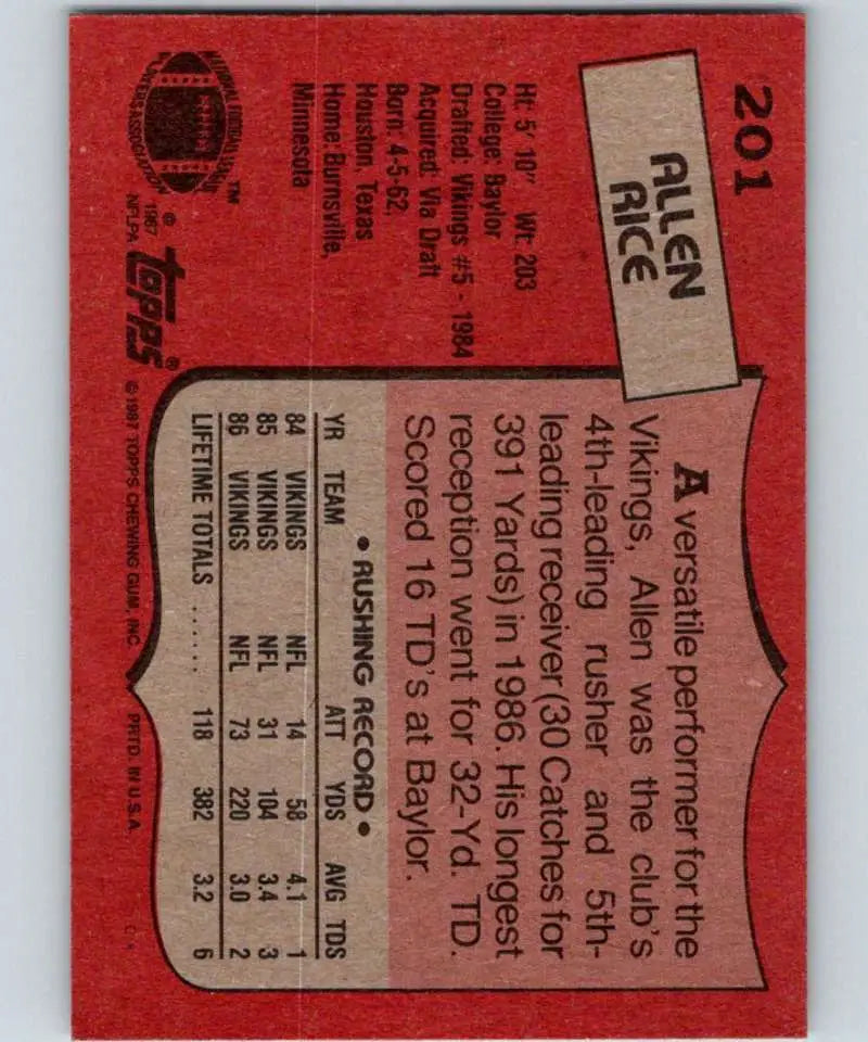 1987 Topps #201 Allen Rice EX Excellent Minnesota Vikings Football Card - Football Card Single