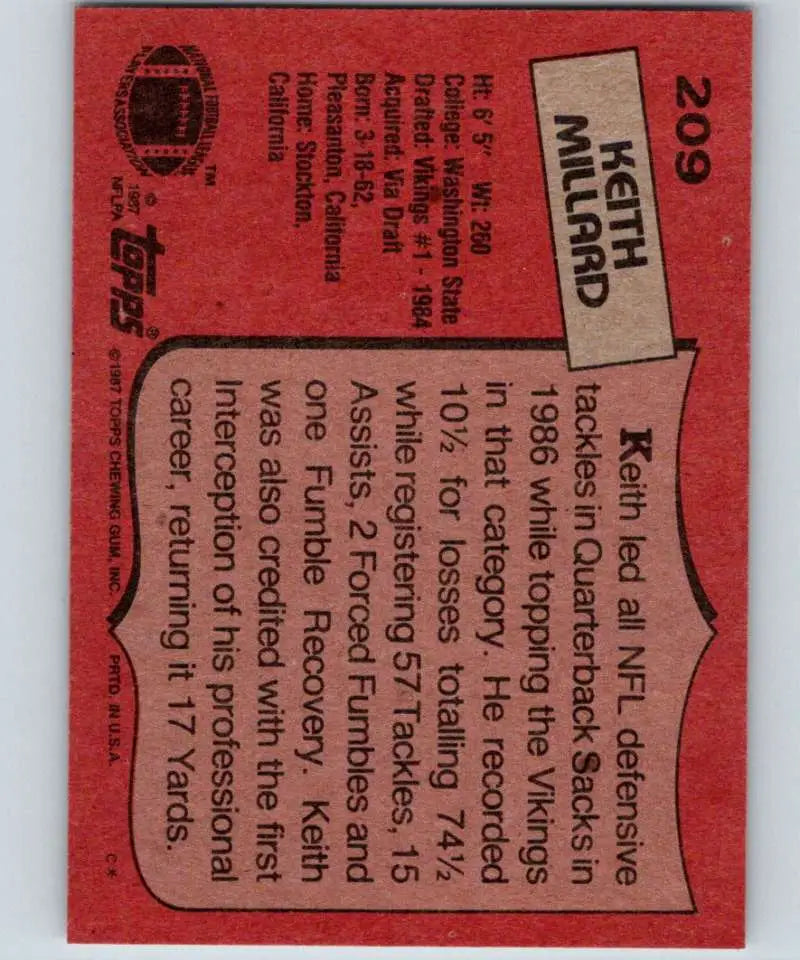 1987 Topps #209 Keith Millard EX Excellent Minnesota Vikings Football Card - Football Card Single