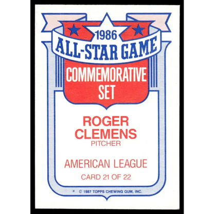 1987 Topps #21 Roger Clemens EX/NM Boston Red Sox Baseball Card
