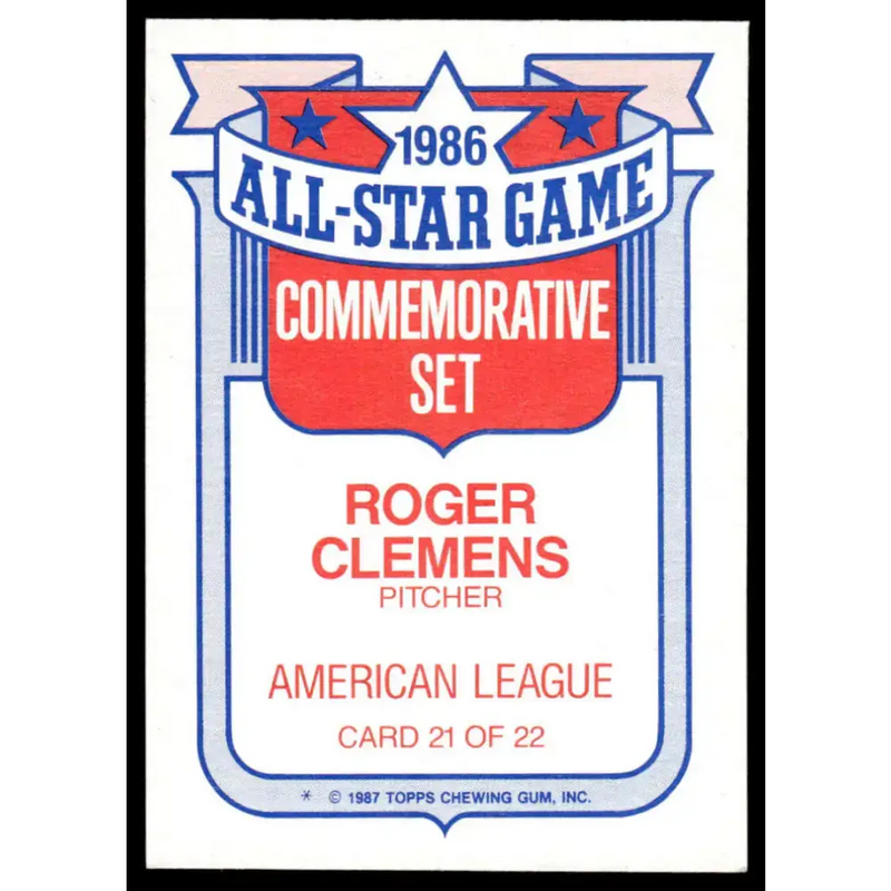 1987 Topps #21 Roger Clemens EX/NM Boston Red Sox Baseball Card - Baseball Card Single