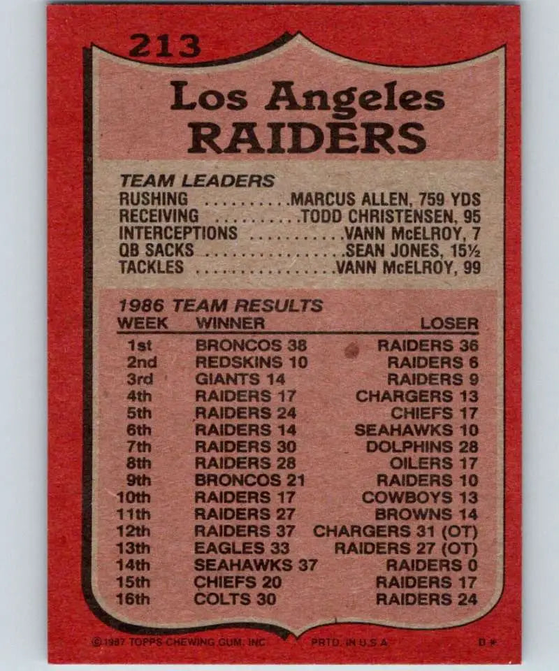 1987 Topps #213 Marcus Allen EX Excellent Los Angeles Raiders Football Card - Football Card Single