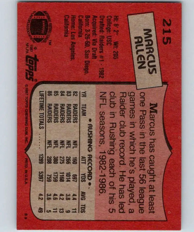 1987 Topps #215 Marcus Allen EX Excellent Los Angeles Raiders Football Card - Football Card Single