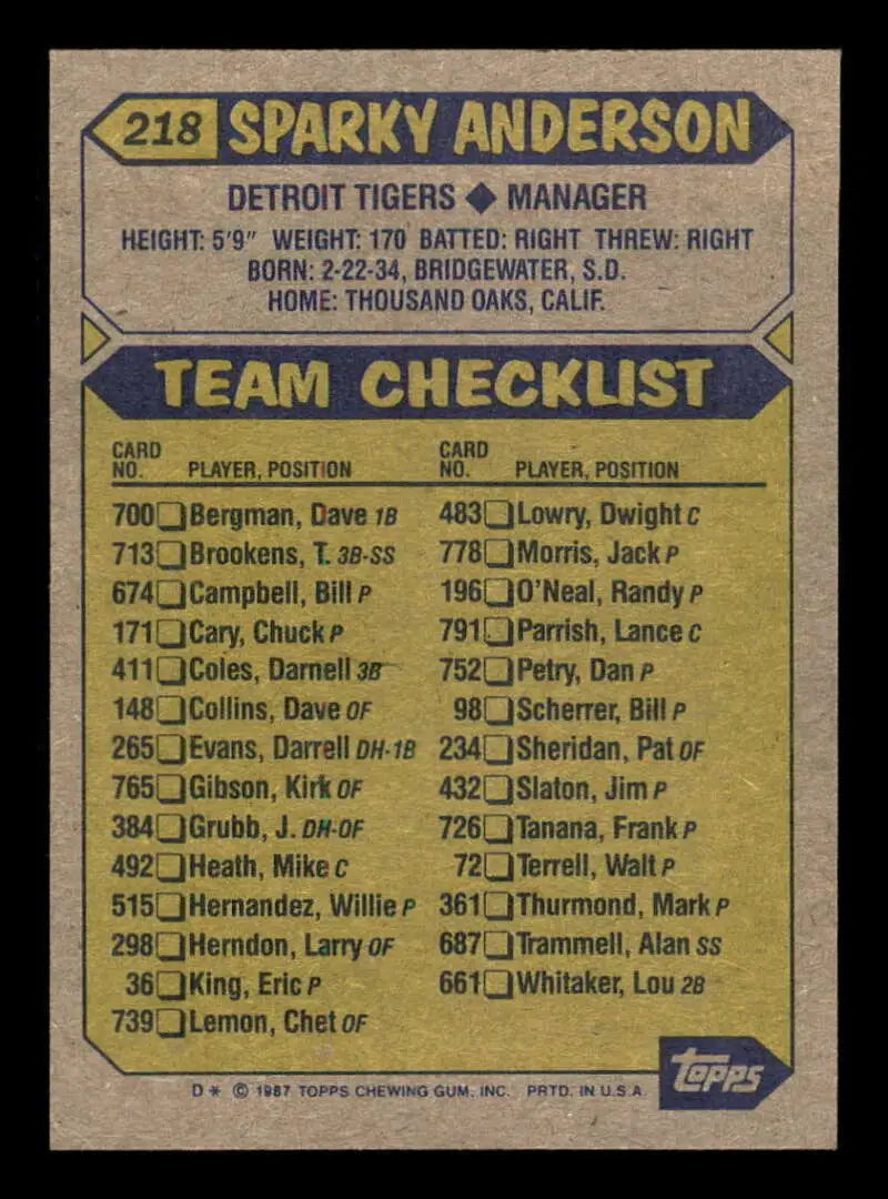 1987 Topps #218 Sparky Anderson EX Excellent Detroit Tigers Baseball Card - Baseball Card Single