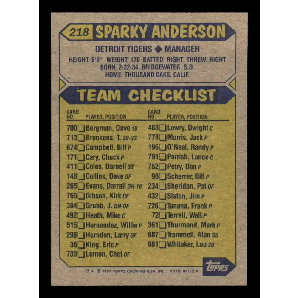 1987 Topps #218 Sparky Anderson EX Excellent Detroit Tigers Baseball Card - Baseball Card Single