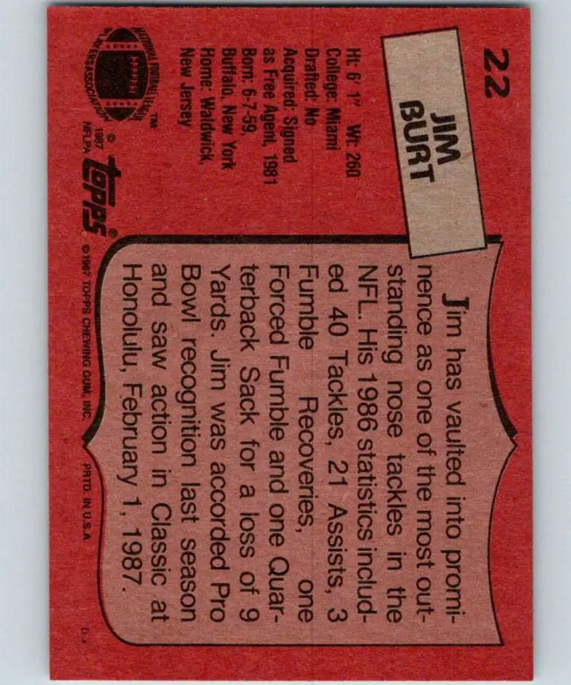 1987 Topps #22 Jim Burt EX Excellent New York Giants Football Card - Football Card Single