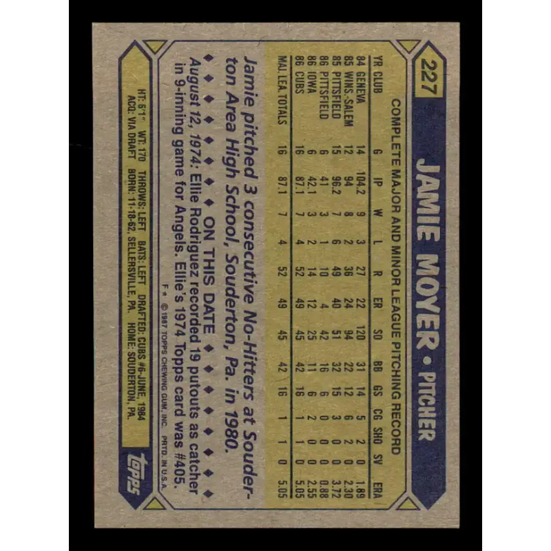 1987 Topps #227 Jamie Moyer EX Excellent RC Rookie Chicago Cubs Baseball Card - Baseball Card Single