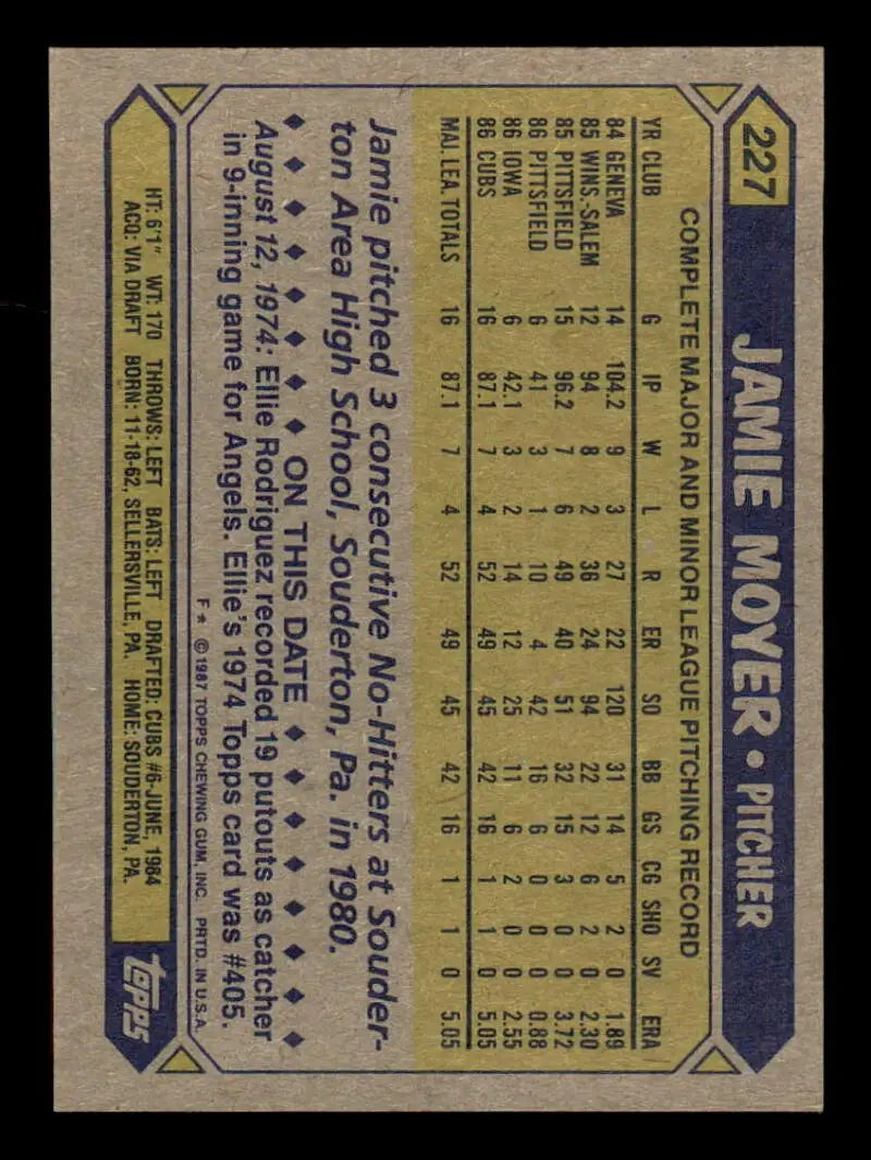 1987 Topps #227 Jamie Moyer EX Excellent RC Rookie Chicago Cubs Baseball Card - Baseball Card Single