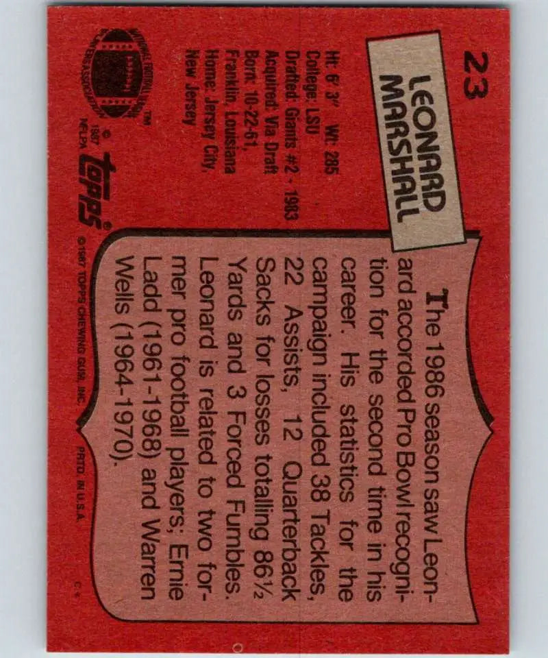 1987 Topps #23 Leonard Marshall EX Excellent New York Giants Football Card - Football Card Single