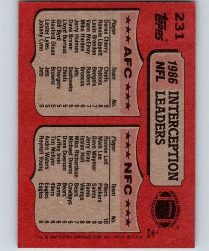Original gloss 1987 Topps NFL Leaders card featuring Ronnie Lott and Deron Cherry interceptions