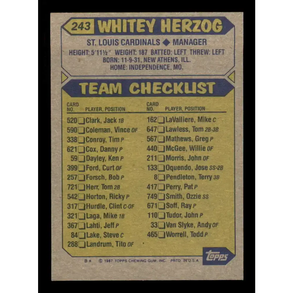 1987 Topps #243 Whitey Herzog EX Excellent St. Louis Cardinals Baseball Card - Baseball Card Single