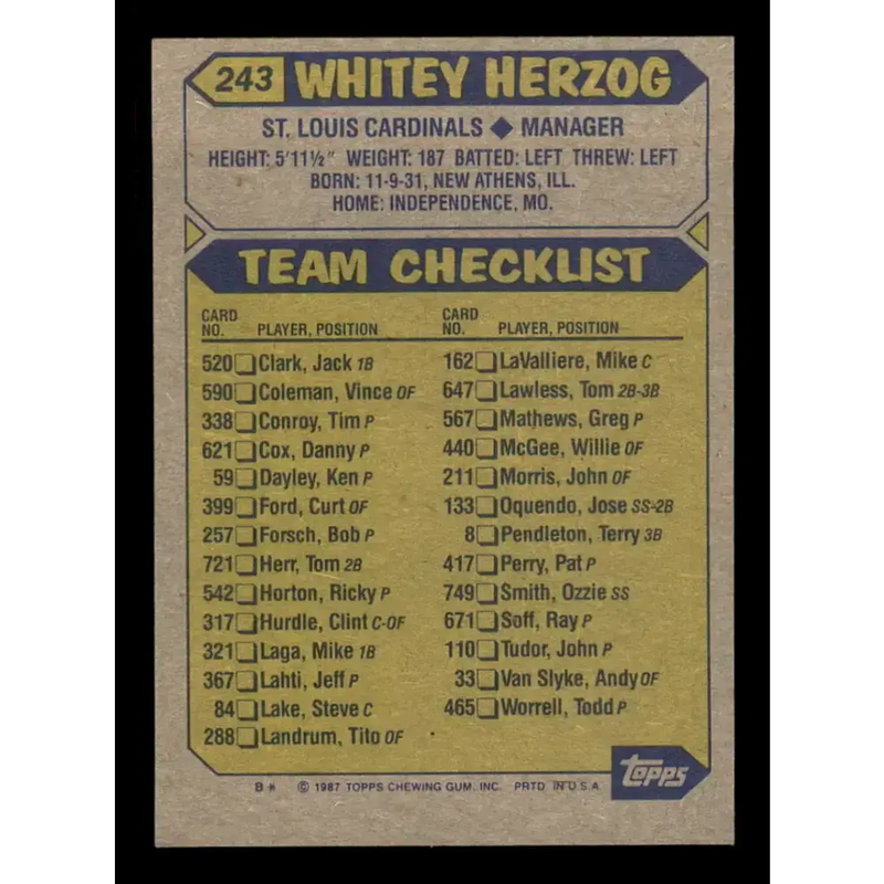 1987 Topps #243 Whitey Herzog EX Excellent St. Louis Cardinals Baseball Card - Baseball Card Single
