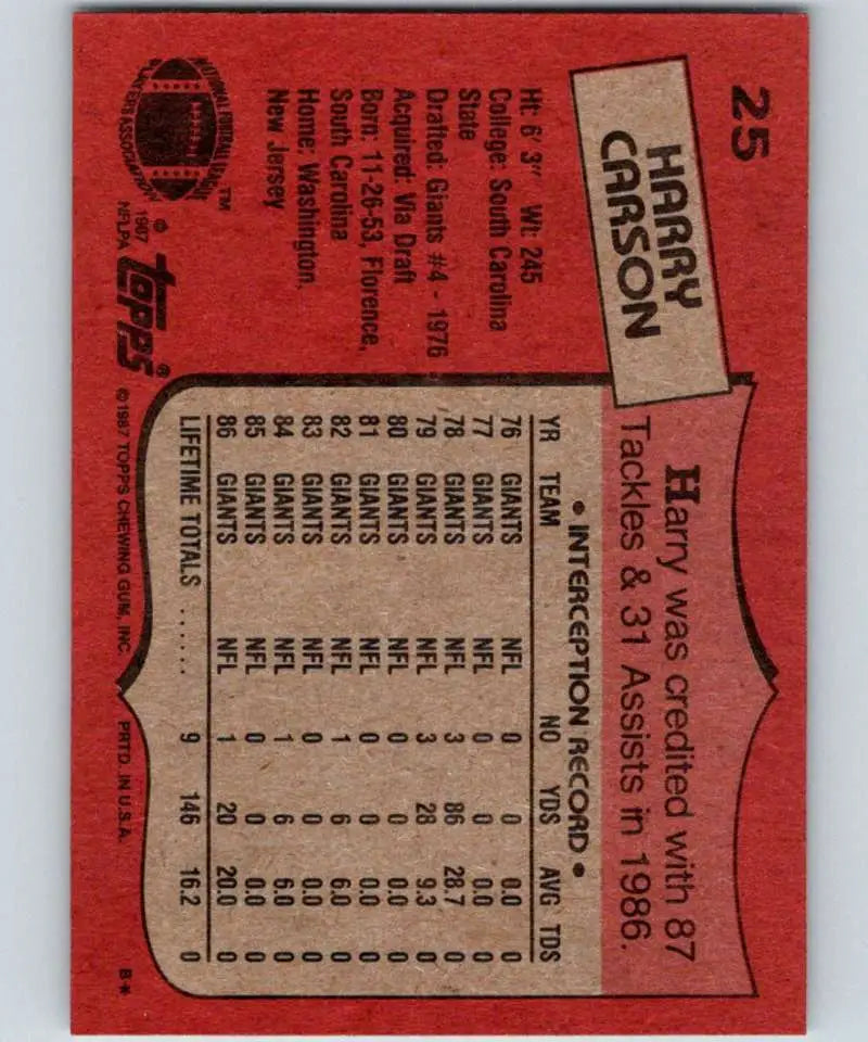 1987 Topps #25 Harry Carson EX Excellent New York Giants Football Card - Football Card Single
