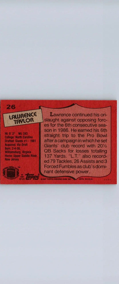 1987 Topps #26 Lawrence Taylor trading card showcasing the football legend in action