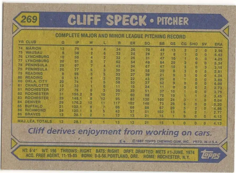 1987 Topps #269 Cliff Speck EX Excellent Atlanta Braves Baseball Card - Baseball Card Single
