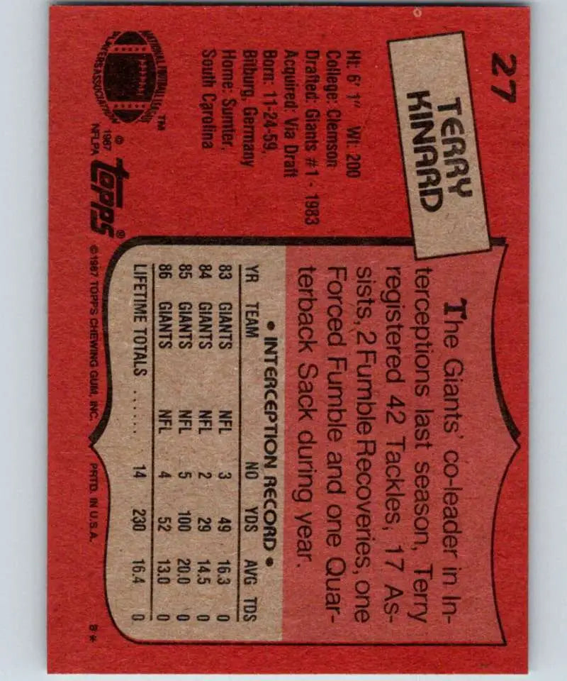 1987 Topps #27 Terry Kinard EX Excellent RC Rookie New York Giants Football Card - Football Card Single