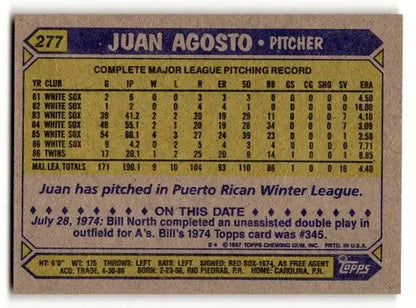 1987 Topps Juan Agosto Minnesota Twins baseball card back with original gloss