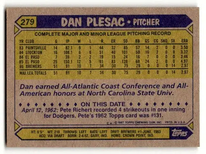 Original gloss Dan Plesac Milwaukee Brewers baseball card from 1987 Topps #279