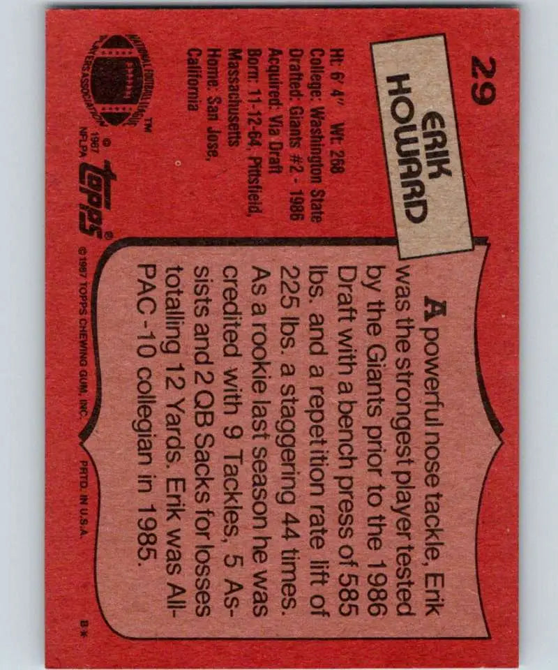 1987 Topps #29 Erik Howard EX Excellent RC Rookie New York Giants Football Card - Football Card Single