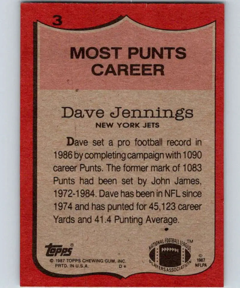 1987 Topps #3 Dave Jennings EX Excellent New York Jets Football Card - Football Card Single