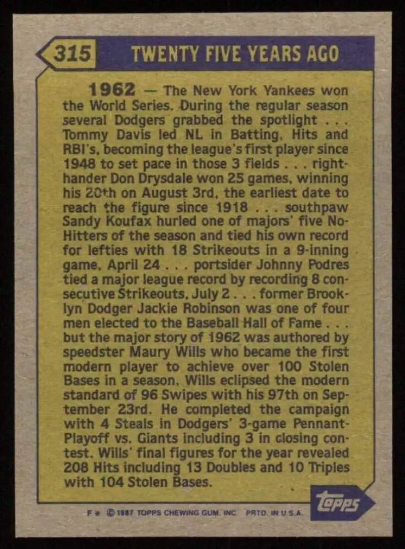 1987 Topps #315 Maury Wills EX Excellent Los Angeles Dodgers Baseball Card - Baseball Card Single